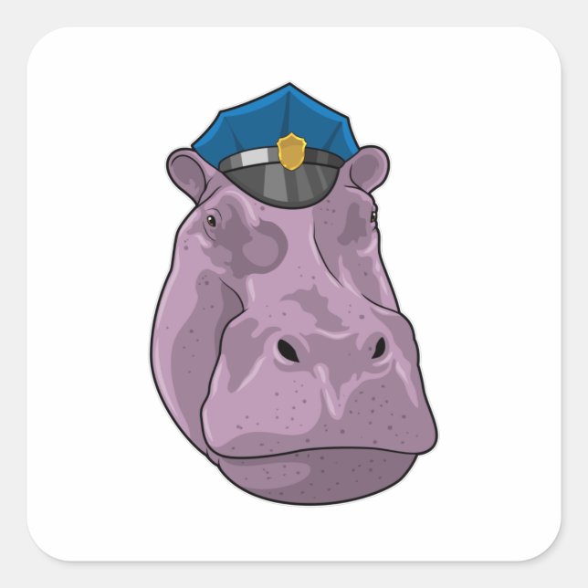 Pegatina Cuadrada Hippo como oficial de policía (Anverso)
