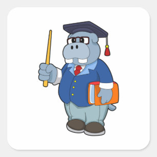 Pegatina Cuadrada Hippo como profesor con libro