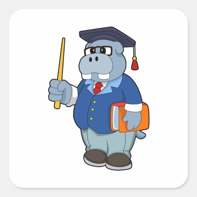 Pegatina Cuadrada Hippo como profesor con libro (Anverso)