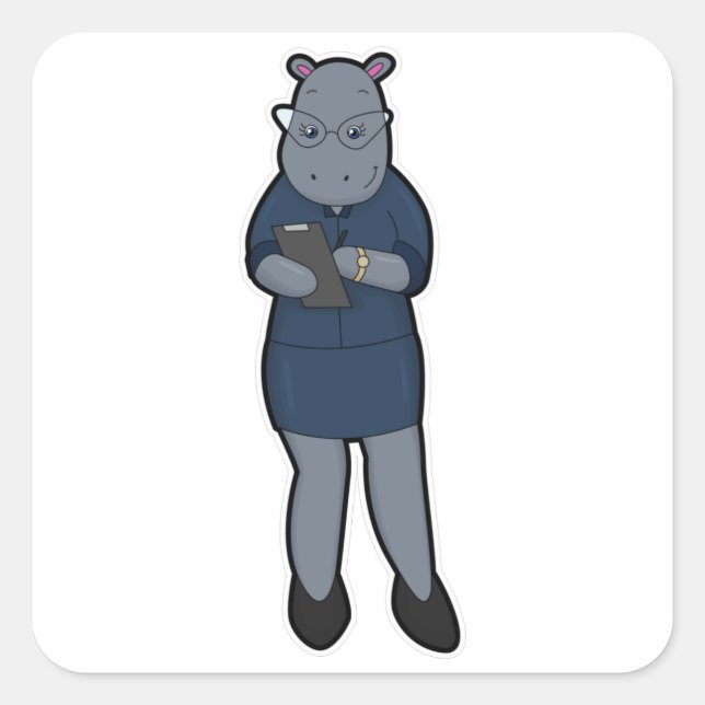 Pegatina Cuadrada Hippo como secretario con Notepad & Pen (Anverso)