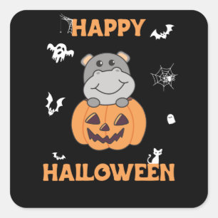 Pegatina Cuadrada Hippo En Calabaza Dulce Hipótesis Feliz Halloween