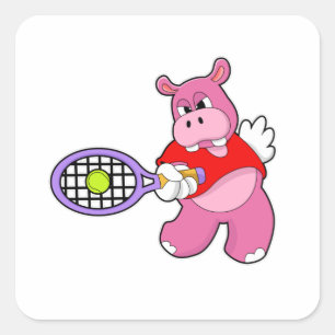 Pegatina Cuadrada Hippo en tenis con raqueta de tenis