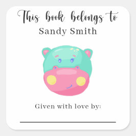 Pegatina Cuadrada Hippo - Este libro pertenece a con mensaje