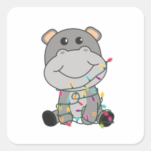 Pegatina Cuadrada Hippo Feliz Navidad Animales de Invierno Hippos