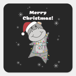 Pegatina Cuadrada Hippo Feliz Navidad Animales de Invierno Hippos