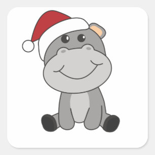Pegatina Cuadrada Hippo Feliz Navidad Animales de Invierno Hippos