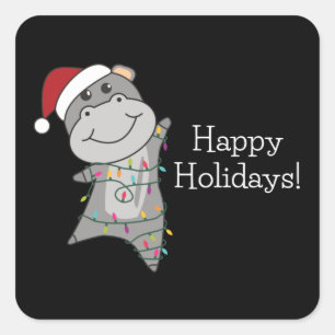 Pegatina Cuadrada Hippo Feliz Navidad Animales de Invierno Hippos