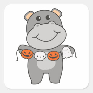 Pegatina Cuadrada Hippo Happy Halloween Calabaza Bat Costume Square