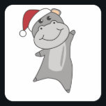 Pegatina Cuadrada Hippo Merry Christmas Winter Animals Hippos<br><div class="desc">The hippo to softness with fair lights. Funny animals with gifts and snow to the holidays. Also funny for Christmas in July. Hippos are sweet animals and perfect for Christmas.</div>