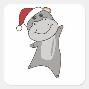 Pegatina Cuadrada Hippo Merry Christmas Winter Animals Hippos