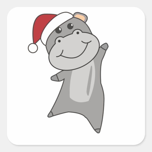 Pegatina Cuadrada Hippo Merry Christmas Winter Animals Hippos (Anverso)