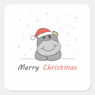 Pegatina Cuadrada Hippo Navidades Nieve Animales De Invierno Hippos