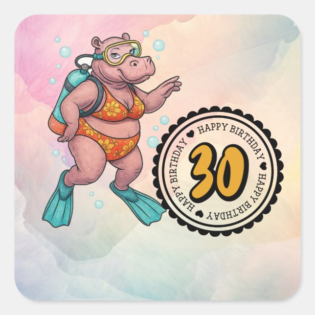 Pegatina Cuadrada Hippo scuba diver 30th Birthday  (Anverso)