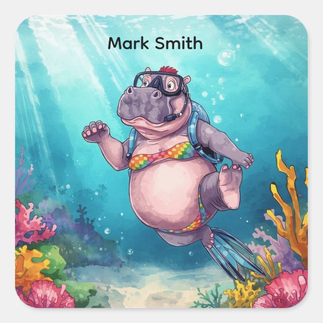 Pegatina Cuadrada Hippo Scuba diver underwater  (Anverso)