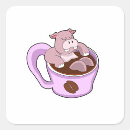 Pegatina Cuadrada Hippo with Cup of Coffee