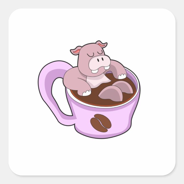 Pegatina Cuadrada Hippo with Cup of Coffee (Anverso)