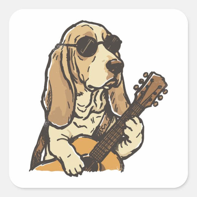 Pegatina Cuadrada Hippy Beagle Tocando Guitarra  (Anverso)