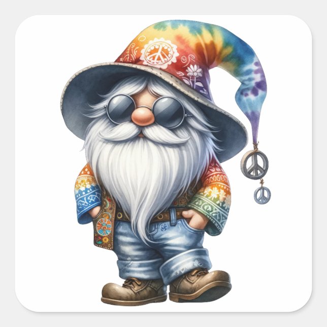 Pegatina Cuadrada Hippy Gnome (Anverso)
