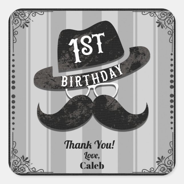 Pegatina Cuadrada Hipster Mustache Gorras Gafas Primer Fiesta de Cum (Anverso)
