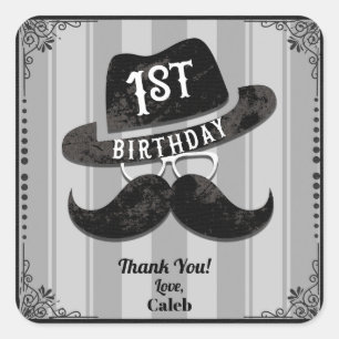 Pegatina Cuadrada Hipster Mustache Gorras Gafas Primer Fiesta de Cum