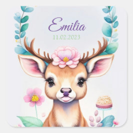 Pegatina Cuadrada Hirsch mit Blumen - Wasserfarbe Kindermotiv