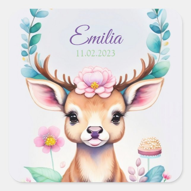 Pegatina Cuadrada Hirsch mit Blumen - Wasserfarbe Kindermotiv (Anverso)