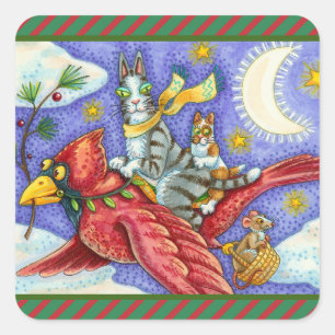 PEGATINA CUADRADA HISS N' FITZ FUNNY GATOS, CARDINAL DE NAVIDADES GI