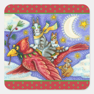 PEGATINA CUADRADA HISS N' FITZ FUNNY GATOS, CARDINAL DE NAVIDADES GI