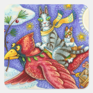 PEGATINA CUADRADA HISS N' FITZ FUNNY GATOS, CARDINAL DE NAVIDADES GI
