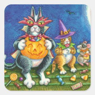 PEGATINA CUADRADA HISS N' FITZ GATOS, TRICK O TREAT FUNNY HALLOWEEN