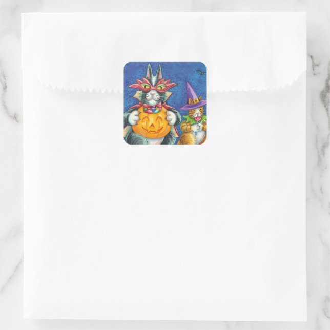 PEGATINA CUADRADA HISS N' FITZ GATOS, TRICK O TREAT FUNNY HALLOWEEN (Bolso)