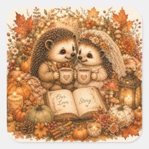 Pegatina Cuadrada Historia de amor de la boda de otoño de la pareja
