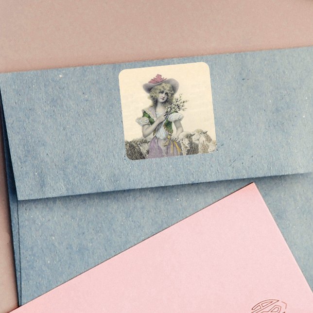 Pegatina Cuadrada Historias de hadas de oveja de pueblo de Bo (Victorian Little Bo Peep hat holding flowers with sheep on pale yellow stickers.)
