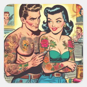 Pegatina Cuadrada Historietas antiguas de parejas de tatuajes