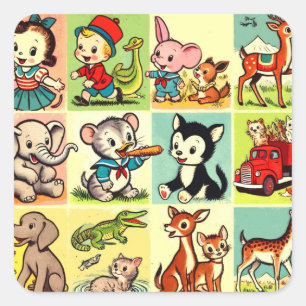 Pegatina Cuadrada Historietas de animales retro-trillados