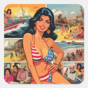 Pegatina Cuadrada Historietas de Chica de verano antiguas