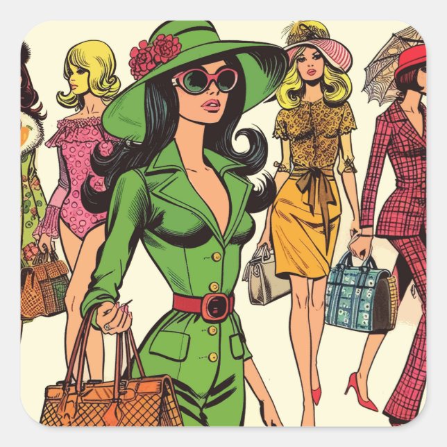 Pegatina Cuadrada Historietas de los Chicas de moda retro (Anverso)
