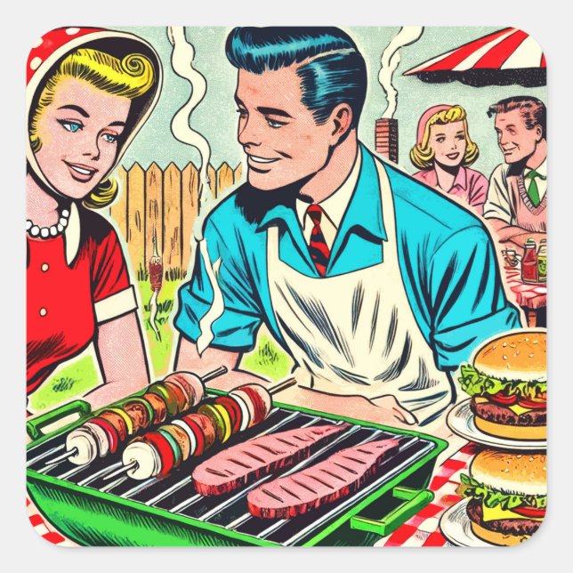 Pegatina Cuadrada Historietas de parejas de parrilladas de época (Anverso)