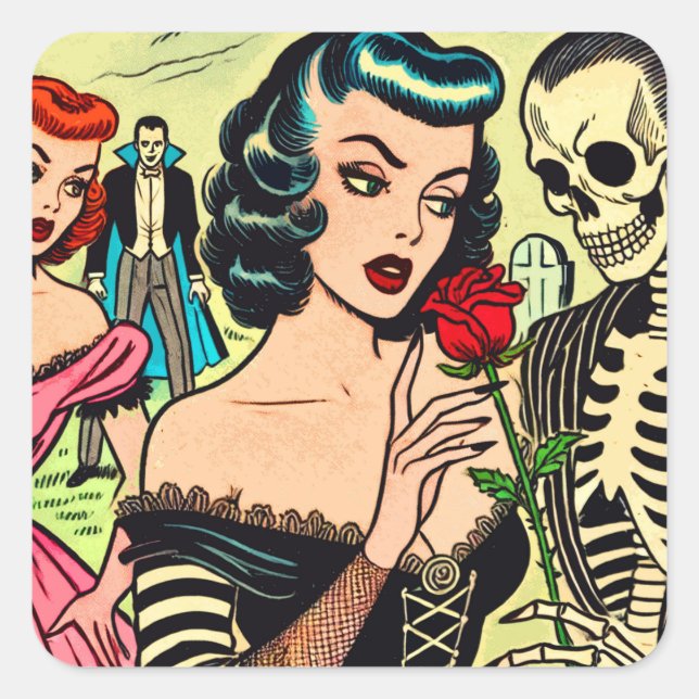Pegatina Cuadrada Historietas de terror de Chica de vampiros retro (Anverso)