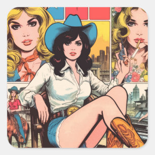 Pegatina Cuadrada Historietas de Vintage Cowgirl