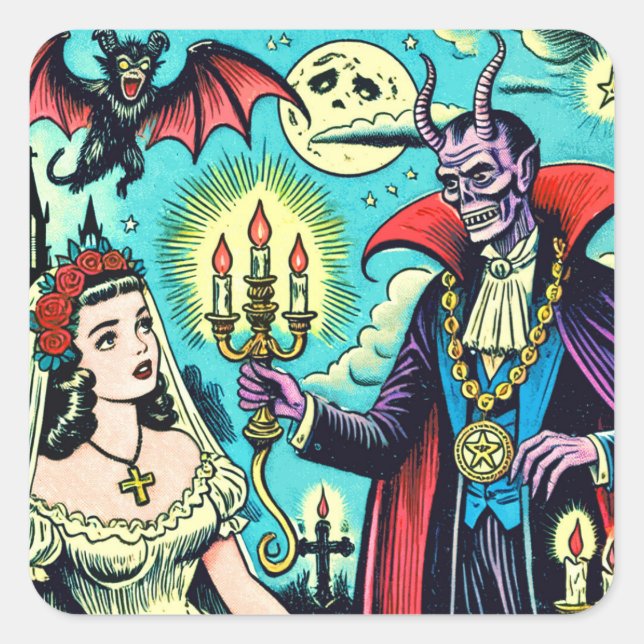 Pegatina Cuadrada Historietas del terror retro malvado (Anverso)