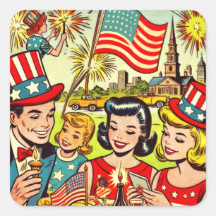 Pegatina Cuadrada Historietas familiares del 4 de julio