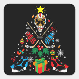 Pegatina Cuadrada Hockey Christmas Tree Gift, Hockey Lovers Hobbies