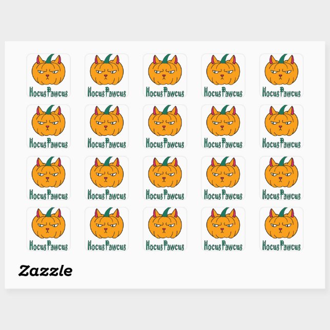Pegatina Cuadrada Hocucus pawcus Halloween calabaza ginger cat magia (Hoja)