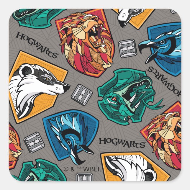 Pegatina Cuadrada HOGWARTS™ Houses Crosshatched Pattern (Anverso)