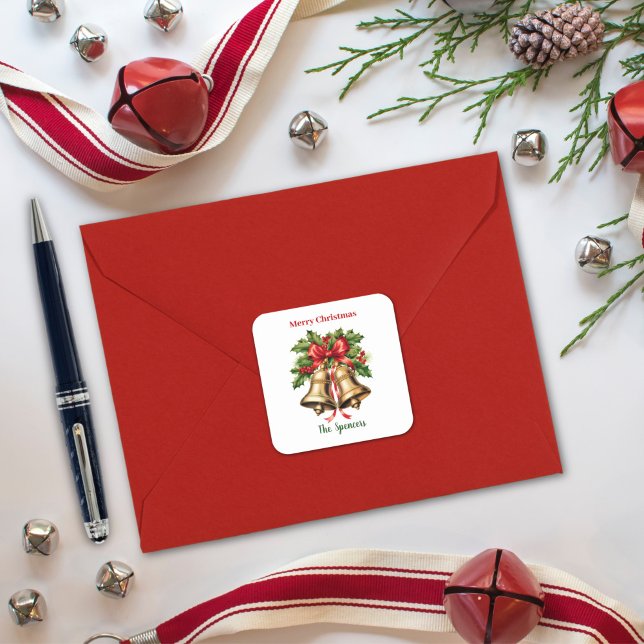 Pegatina Cuadrada Hojas de Acebo y Bayas Campanas de Oro Feliz Navid (Subido por el creador)