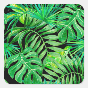 Pegatina Cuadrada Hojas de acuarela tropical: Elegancia sin costura.