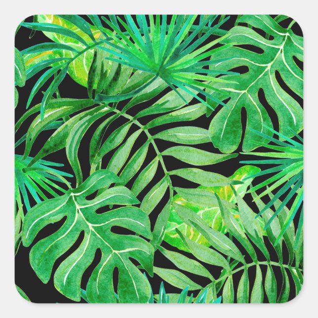 Pegatina Cuadrada Hojas de acuarela tropical: Elegancia sin costura. (Anverso)