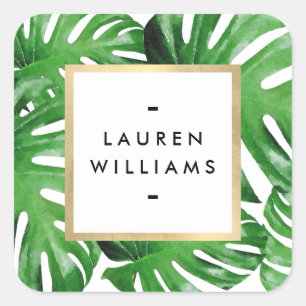 Pegatina Cuadrada Hojas de Monstera Tropical de Acuarela