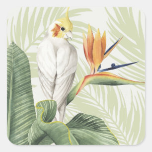 Pegatina Cuadrada Hojas de paleta con pájaro blanco